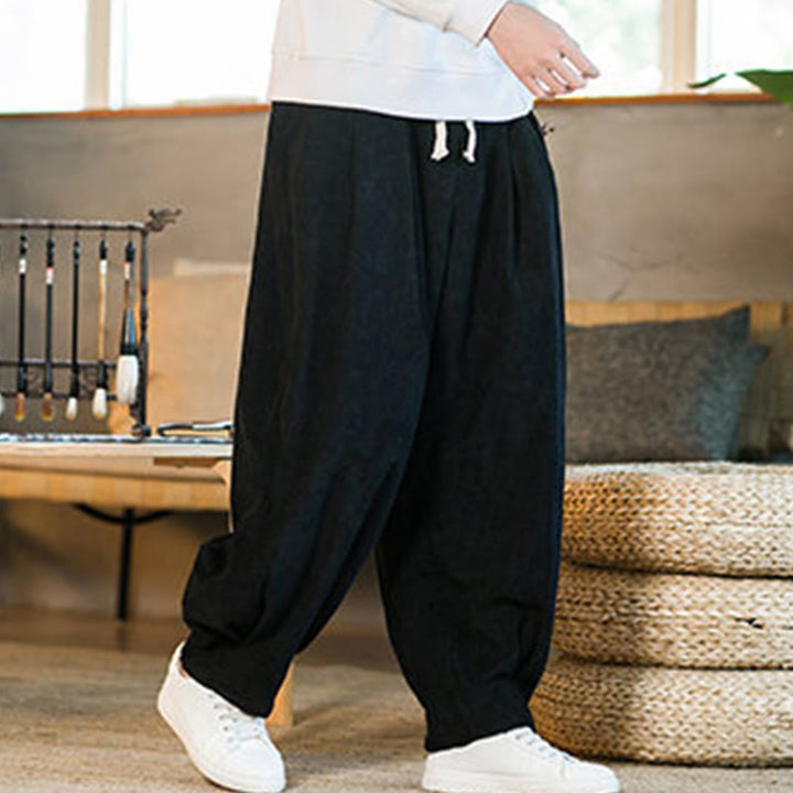 Pantalon harem rétro pour homme en velours côtelé uni doublé polaire, design simple, avec poches, de la Buddha Stones. - image 39