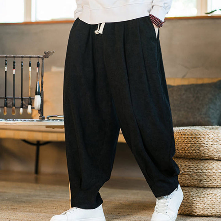 Pantalon harem rétro pour homme en velours côtelé uni doublé polaire, design simple, avec poches, de la Buddha Stones. - image 41