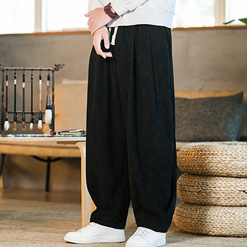 Pantalon harem rétro pour homme en velours côtelé uni doublé polaire, design simple, avec poches, de la Buddha Stones. - image 38