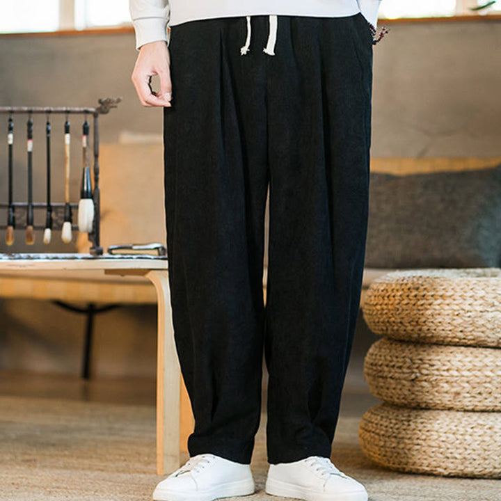 Pantalon harem rétro pour homme en velours côtelé uni doublé polaire, design simple, avec poches, de la Buddha Stones. - image 40