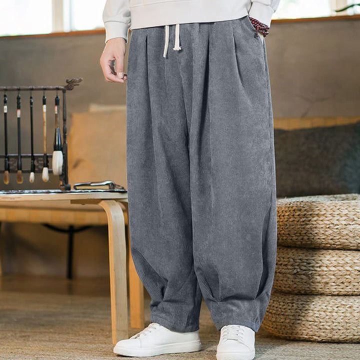 Pantalon harem rétro pour homme en velours côtelé uni doublé polaire, design simple, avec poches, de la Buddha Stones. - image 17