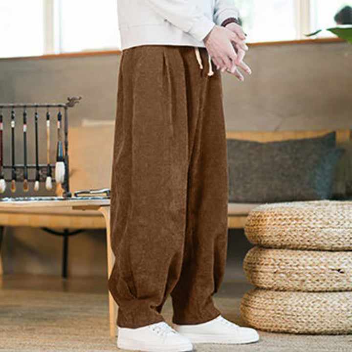 Pantalon harem rétro pour homme en velours côtelé uni doublé polaire, design simple, avec poches, de la Buddha Stones. - image 8