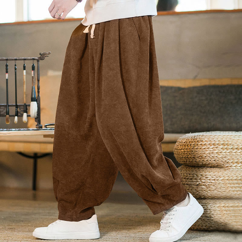 Pantalon harem rétro pour homme en velours côtelé uni doublé polaire, design simple, avec poches, de la Buddha Stones. - image 2