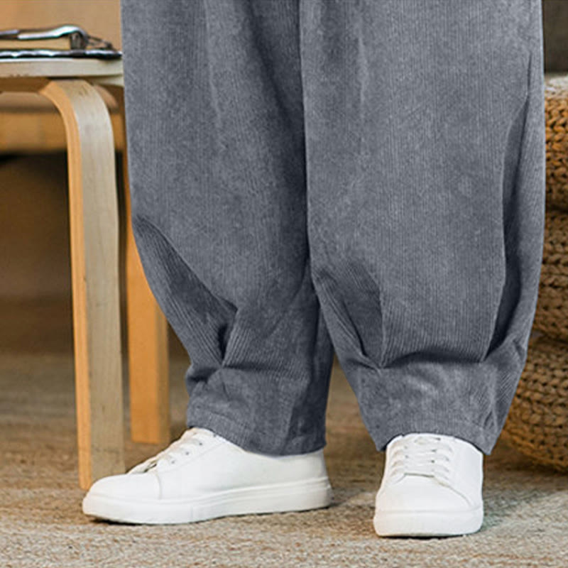 Pantalon harem rétro pour homme en velours côtelé uni doublé polaire, design simple, avec poches, de la Buddha Stones. - image 24