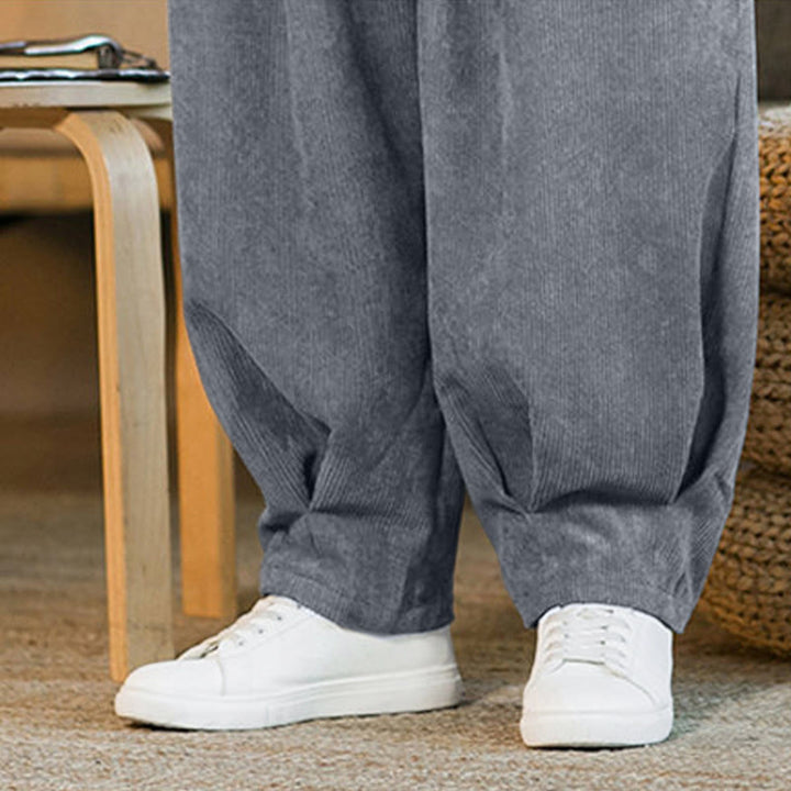 Pantalon harem rétro pour homme en velours côtelé uni doublé polaire, design simple, avec poches, de la Buddha Stones. - image 24