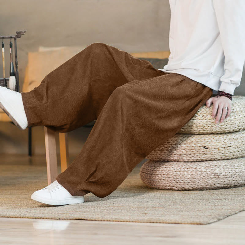 Pantalon harem rétro pour homme en velours côtelé uni doublé polaire, design simple, avec poches, de la Buddha Stones. - image 9