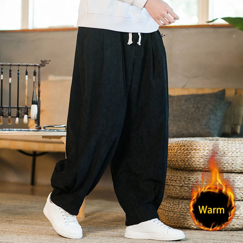 Pantalon harem rétro pour homme en velours côtelé uni doublé polaire, design simple, avec poches, de la Buddha Stones. - Noir (doublure polaire) - US/UK/AU46，EU56 (5XL) - image 35