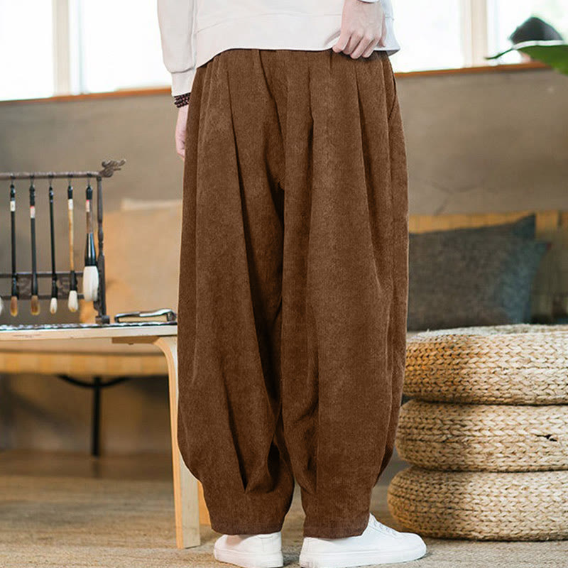 Pantalon harem rétro pour homme en velours côtelé uni doublé polaire, design simple, avec poches, de la Buddha Stones. - image 7