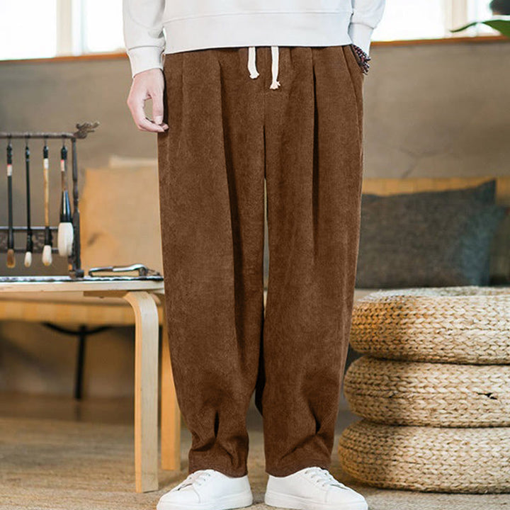 Pantalon harem rétro pour homme en velours côtelé uni doublé polaire, design simple, avec poches, de la Buddha Stones. - image 5