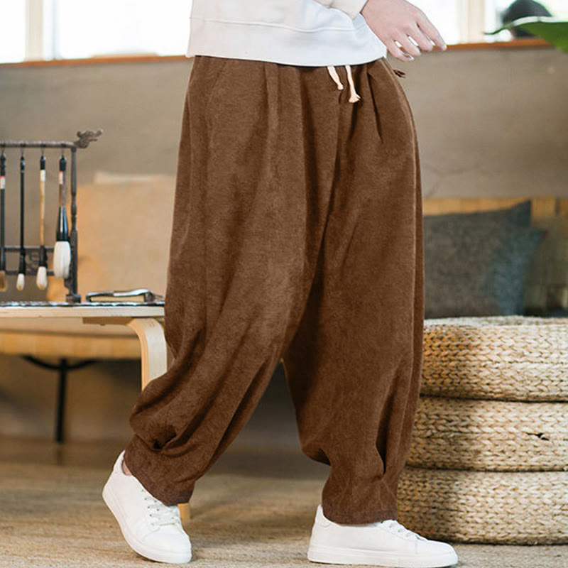Pantalon harem rétro pour homme en velours côtelé uni doublé polaire, design simple, avec poches, de la Buddha Stones. - image 3