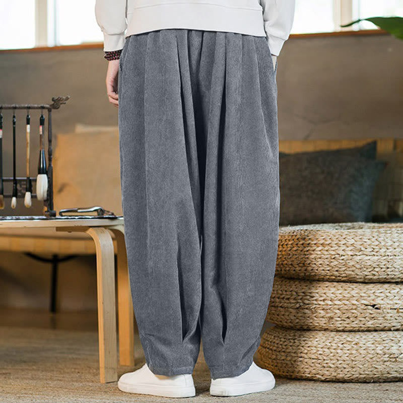 Pantalon harem rétro pour homme en velours côtelé uni doublé polaire, design simple, avec poches, de la Buddha Stones. - image 20