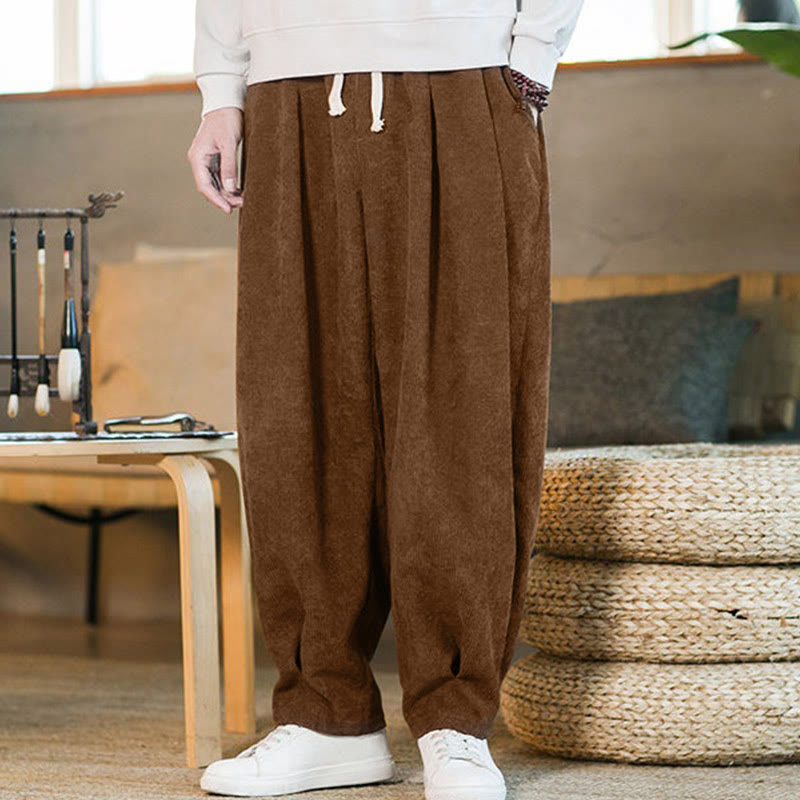 Pantalon harem rétro pour homme en velours côtelé uni doublé polaire, design simple, avec poches, de la Buddha Stones. - image 6