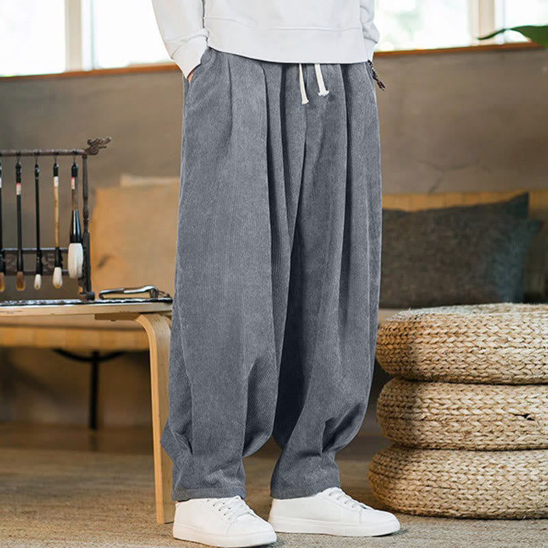 Pantalon harem rétro pour homme en velours côtelé uni doublé polaire, design simple, avec poches, de la Buddha Stones. - image 16