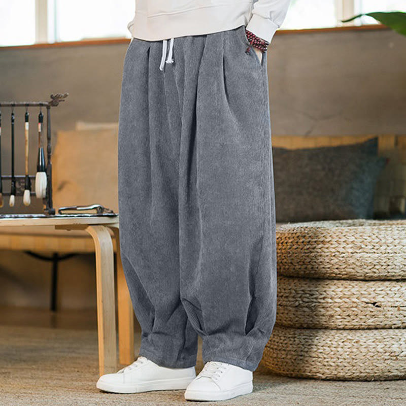 Pantalon harem rétro pour homme en velours côtelé uni doublé polaire, design simple, avec poches, de la Buddha Stones. - image 15
