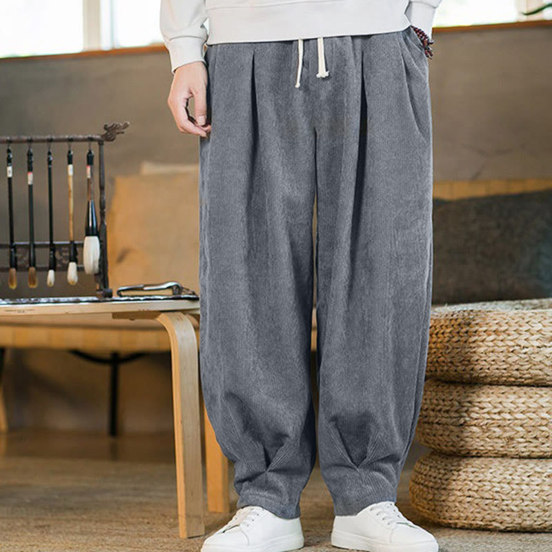 Pantalon harem rétro pour homme en velours côtelé uni doublé polaire, design simple, avec poches, de la Buddha Stones. - image 19