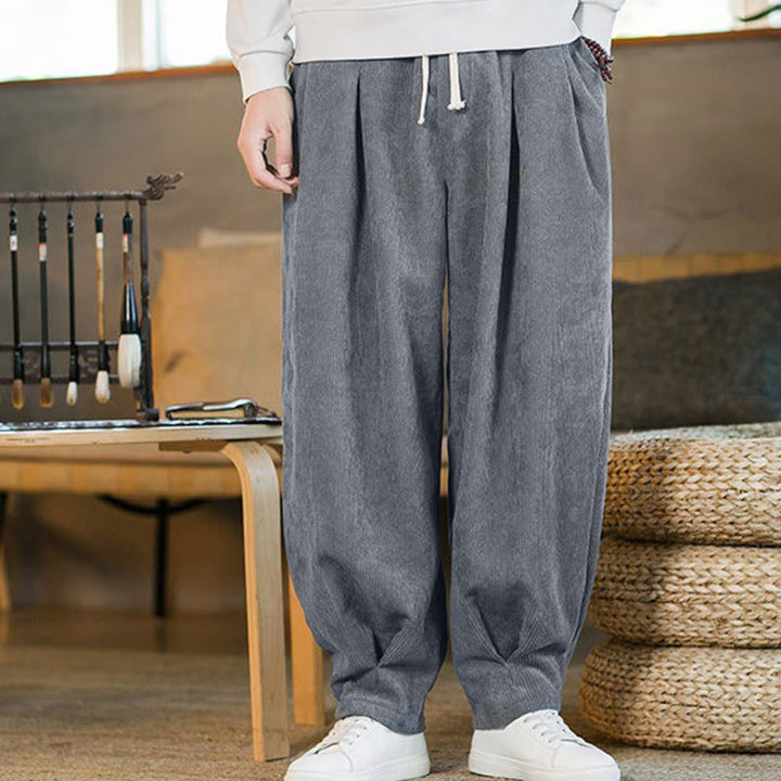 Pantalon harem rétro pour homme en velours côtelé uni doublé polaire, design simple, avec poches, de la Buddha Stones. - image 19