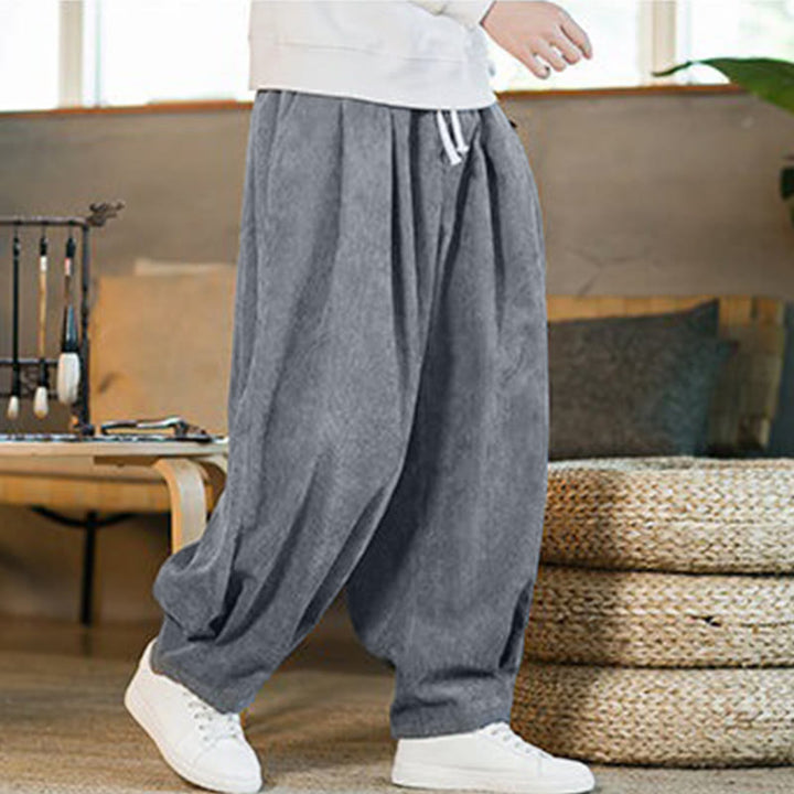 Pantalon harem rétro pour homme en velours côtelé uni doublé polaire, design simple, avec poches, de la Buddha Stones. - image 18