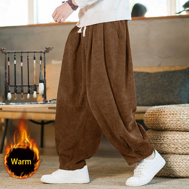 Pantalon harem rétro pour homme en velours côtelé uni doublé polaire, design simple, avec poches, de la Buddha Stones. - Jaune d'or foncé (doublé de polaire) - US/UK/AU46，EU56 (5XL) - image 0