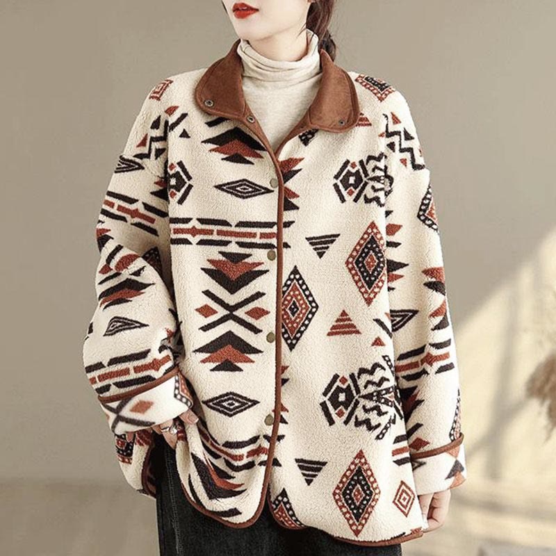 Veste en coton à manches longues pour femme, ornée de boutons et de motifs géométriques, style automne-hiver, Buddha Stones  - FloralWhite - US12，UK/AU16，EU44 (3XL) - image 0