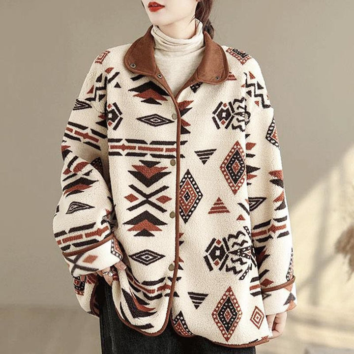 Veste en coton à manches longues pour femme, ornée de boutons et de motifs géométriques, style automne-hiver, Buddha Stones  - FloralWhite - US12，UK/AU16，EU44 (3XL) - image 0