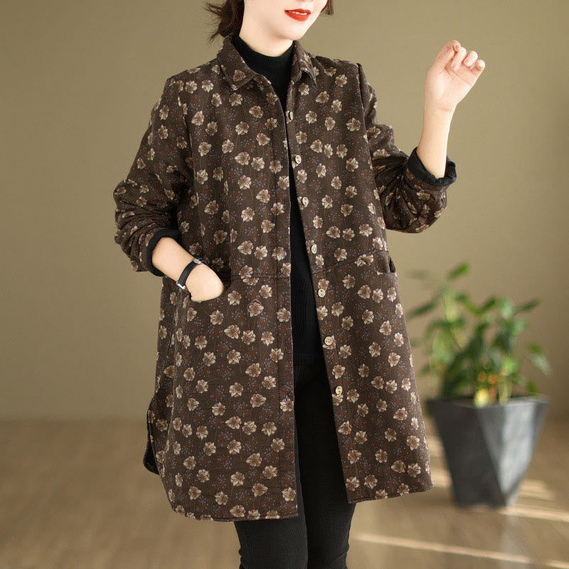 Veste femme en coton à manches longues avec poches, boutons et motifs floraux, ornée de Buddha Stones, idéale pour l'automne et l'hiver. - SaddleBrown - US12，UK/AU16，EU44 (3XL) - image 0