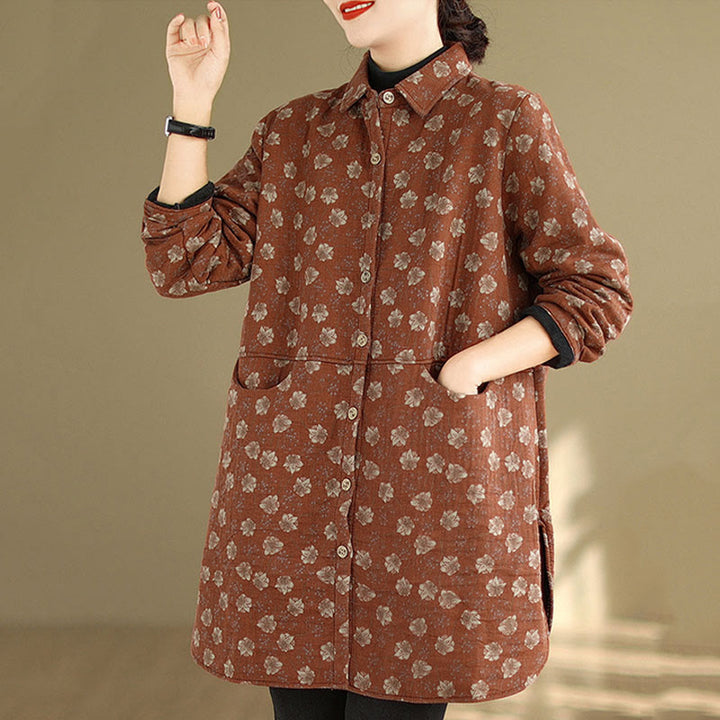 Veste femme en coton à manches longues avec poches, boutons et motifs floraux, ornée de Buddha Stones, idéale pour l'automne et l'hiver. - image 14