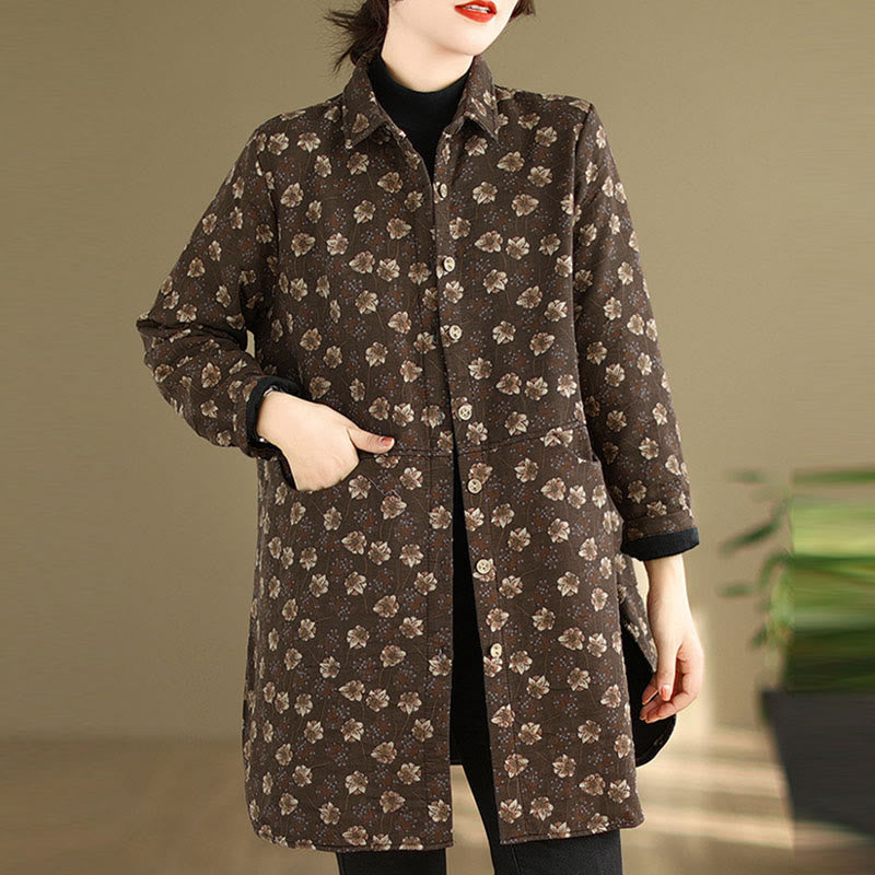 Veste femme en coton à manches longues avec poches, boutons et motifs floraux, ornée de Buddha Stones, idéale pour l'automne et l'hiver. - image 1
