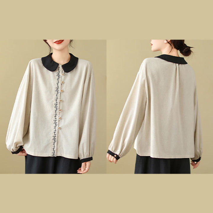 Chemise à manches longues en coton pour femme, ornée de boutons brodés de Buddha Stones et d'un col Claudine. - image 6