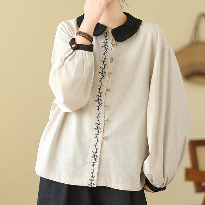 Chemise à manches longues en coton pour femme, ornée de boutons brodés de Buddha Stones et d'un col Claudine. - image 1