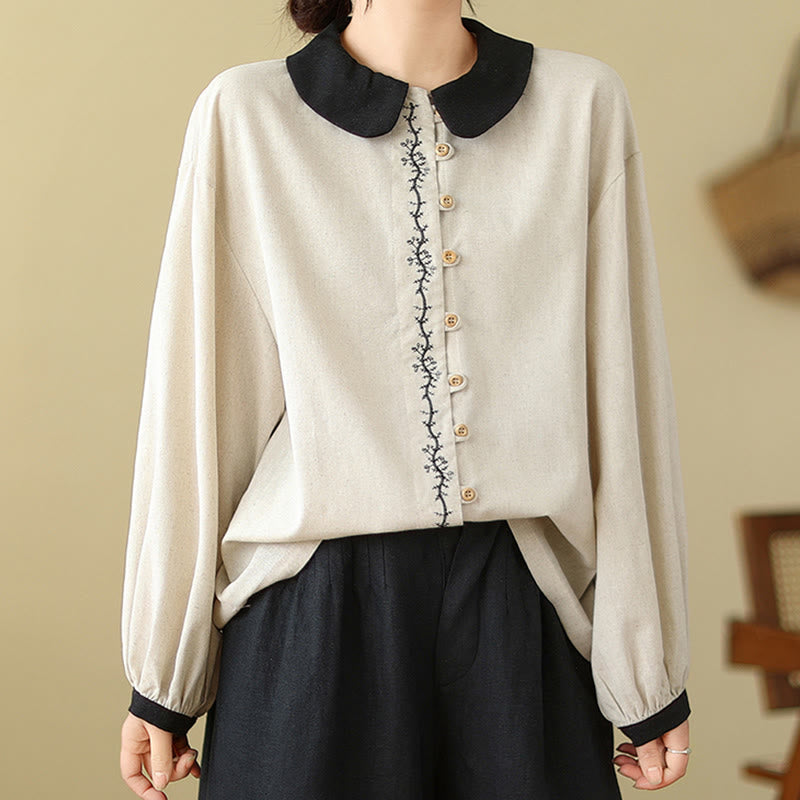 Chemise à manches longues en coton pour femme, ornée de boutons brodés de Buddha Stones et d'un col Claudine. - image 5