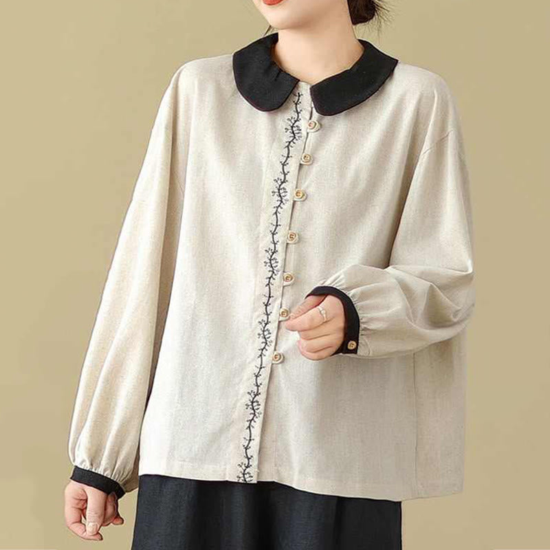 Chemise à manches longues en coton pour femme, ornée de boutons brodés de Buddha Stones et d'un col Claudine. - image 3