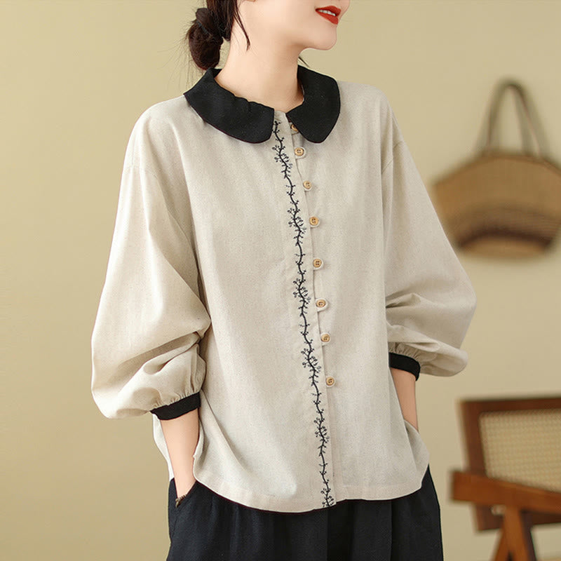 Chemise à manches longues en coton pour femme, ornée de boutons brodés de Buddha Stones et d'un col Claudine. - Beige - US8-10，UK/AU12-14，EU40-42 (2XL) - image 0