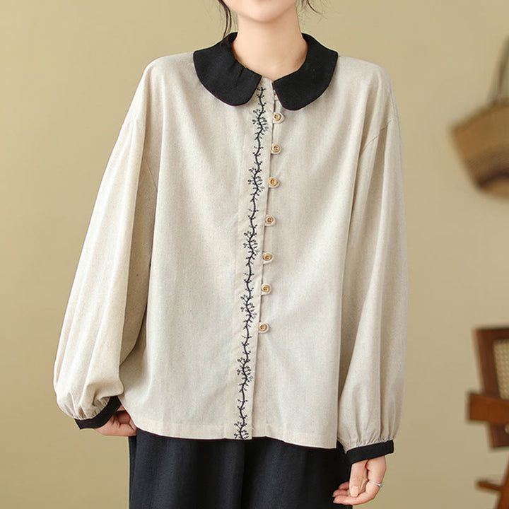 Chemise à manches longues en coton pour femme, ornée de boutons brodés de Buddha Stones et d'un col Claudine. - image 4