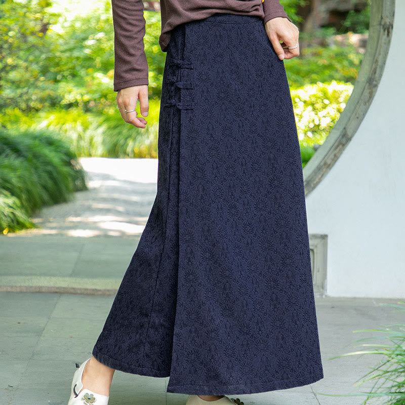 Jupe en velours côtelé pour femme, motif floral automne-hiver Buddha Stones, fermeture à boutons brandebourg et poches - image 0