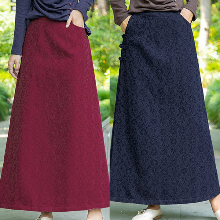 Jupe en velours côtelé pour femme, motif floral automne-hiver Buddha Stones, fermeture à boutons brandebourg et poches - image 13