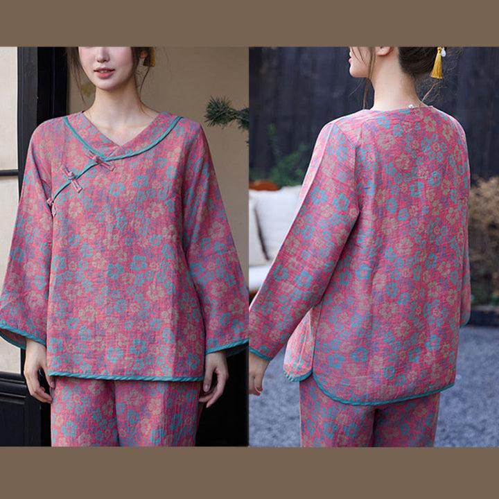 Ensemble pyjama 2 pièces en coton à motif floral Buddha Stones : chemise à manches longues et col rond avec boutons brandebourg, pantalon.  - image 9