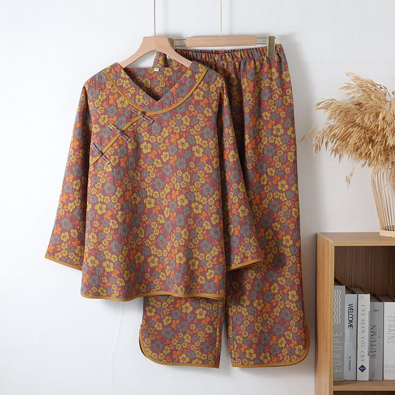 Ensemble pyjama 2 pièces en coton à motif floral Buddha Stones : chemise à manches longues et col rond avec boutons brandebourg, pantalon.  - verge d'or - US6，UK/AU10，EU38 (XL) - image 11