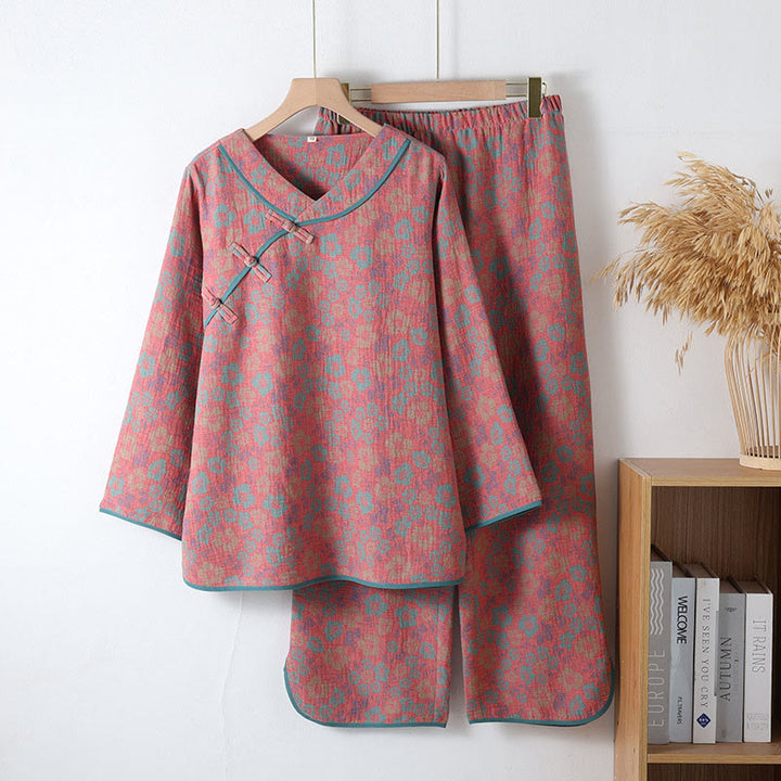 Ensemble pyjama 2 pièces en coton à motif floral Buddha Stones : chemise à manches longues et col rond avec boutons brandebourg, pantalon.  - LightCoral - US6，UK/AU10，EU38 (XL) - image 1