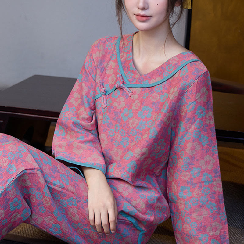 Ensemble pyjama 2 pièces en coton à motif floral Buddha Stones : chemise à manches longues et col rond avec boutons brandebourg, pantalon.  - image 6