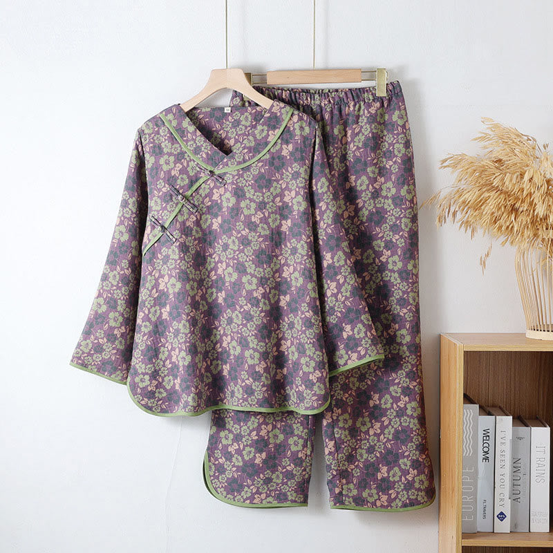 Ensemble pyjama 2 pièces en coton à motif floral Buddha Stones : chemise à manches longues et col rond avec boutons brandebourg, pantalon.  - DarkOrchid - US6，UK/AU10，EU38 (XL) - image 0