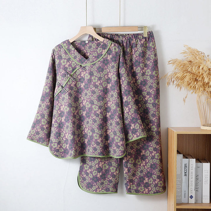 Ensemble pyjama 2 pièces en coton à motif floral Buddha Stones : chemise à manches longues et col rond avec boutons brandebourg, pantalon.  - DarkOrchid - US6，UK/AU10，EU38 (XL) - image 0