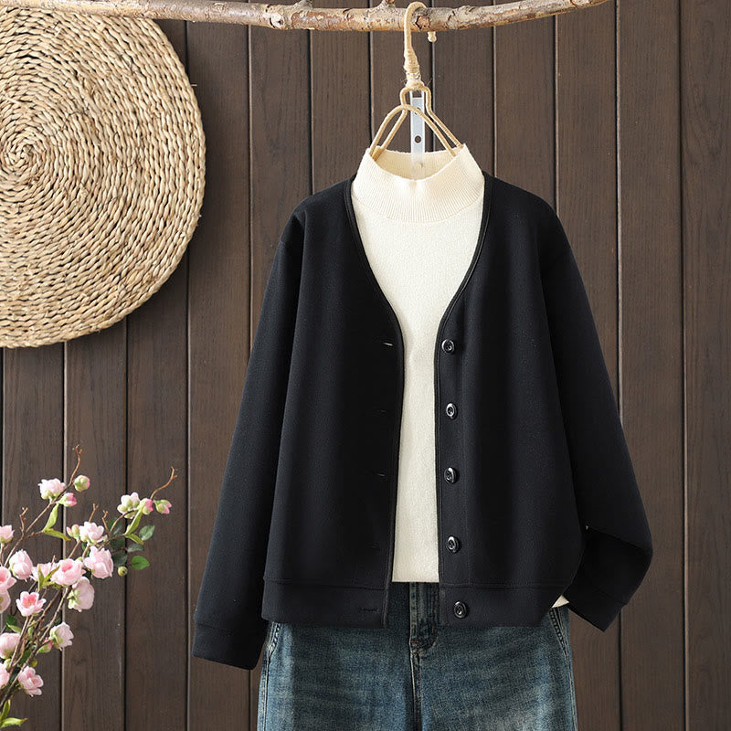 Veste en coton à manches longues pour femme, motif Buddha Stones, col en V simple et boutonnée. - Noir - US8-10，UK/AU12-14，EU40-42 (2XL) - image 1