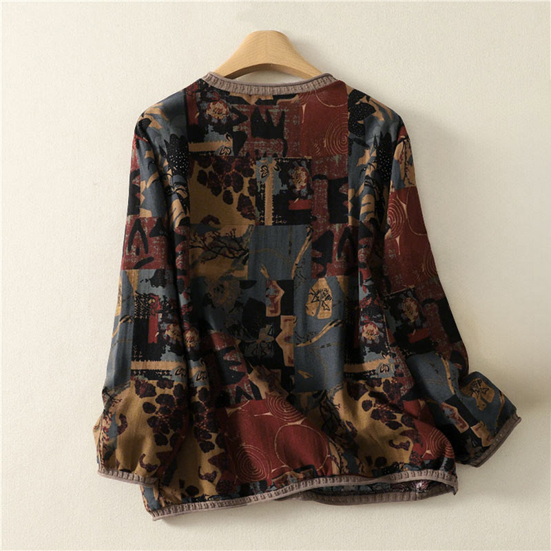 T-shirt à manches longues pour femme, col en V, patchwork géométrique, motif Buddha Stones Fall, avec poches - image 1