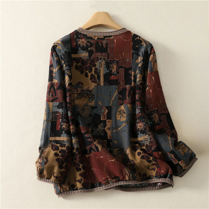 T-shirt à manches longues pour femme, col en V, patchwork géométrique, motif Buddha Stones Fall, avec poches - image 1