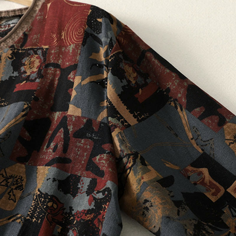 T-shirt à manches longues pour femme, col en V, patchwork géométrique, motif Buddha Stones Fall, avec poches - image 4