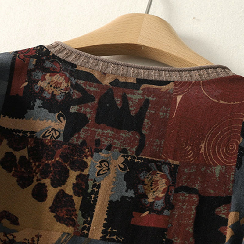 T-shirt à manches longues pour femme, col en V, patchwork géométrique, motif Buddha Stones Fall, avec poches - image 3