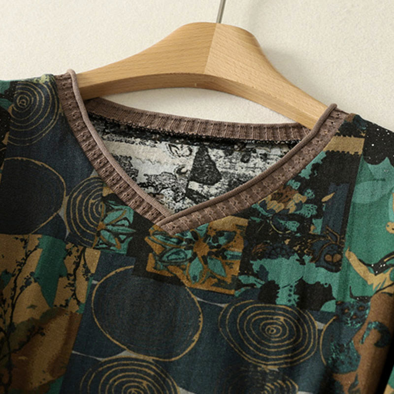 T-shirt à manches longues pour femme, col en V, patchwork géométrique, motif Buddha Stones Fall, avec poches - image 10