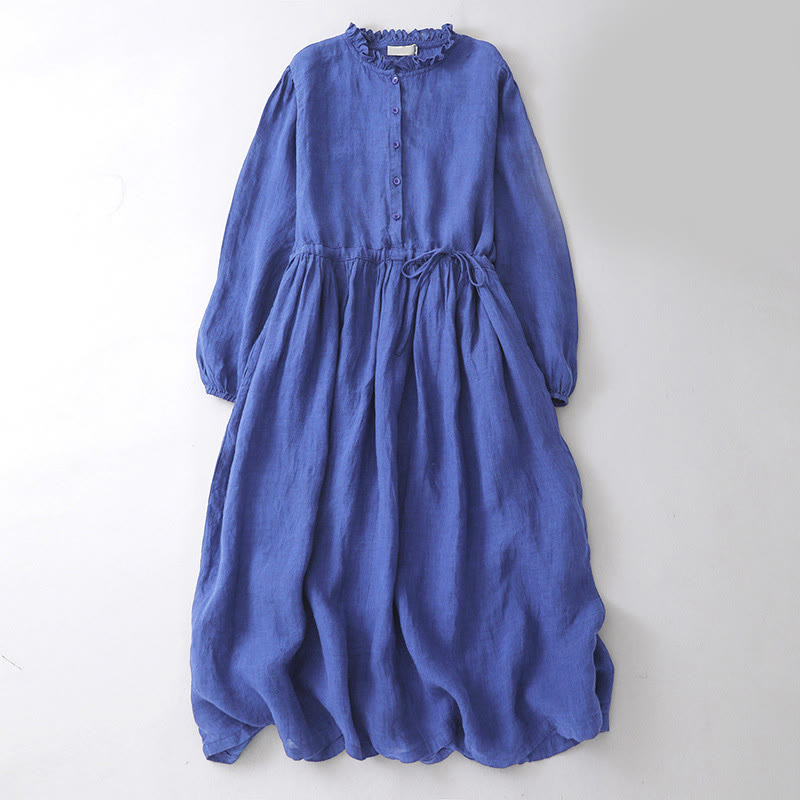 Robe midi en coton uni à manches longues et poches, Buddha Stones - Bleu - US8-10，UK/AU12-14，EU40-42 (2XL) - image 0