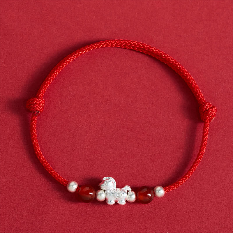 Bracelet en argent sterling 999 et agate rouge Buddha Stones de prospérité et année du Cheval - Cordon rouge (Tour de poignet : 14-21 cm) - image 1
