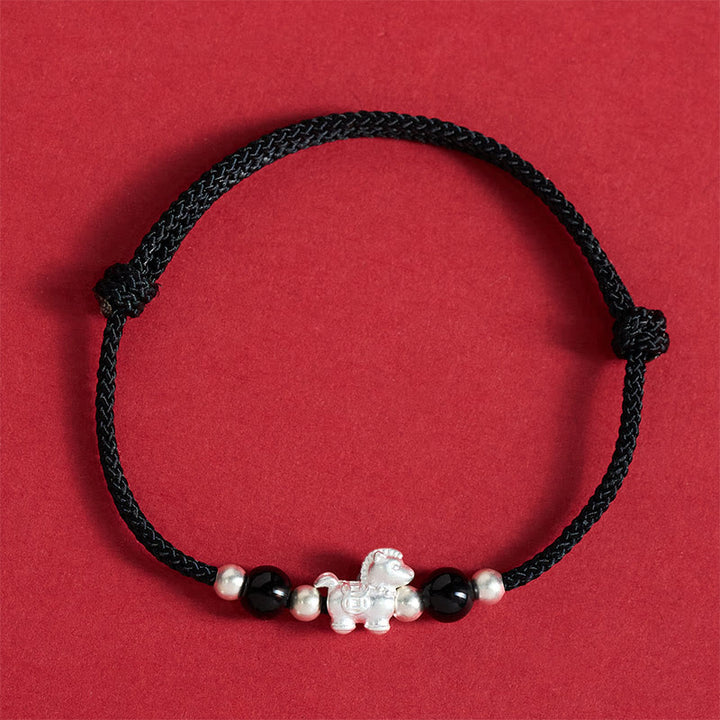 Bracelet en argent sterling 999 et agate rouge Buddha Stones de prospérité et année du Cheval - Cordon noir (Tour de poignet : 14-21 cm) - image 17